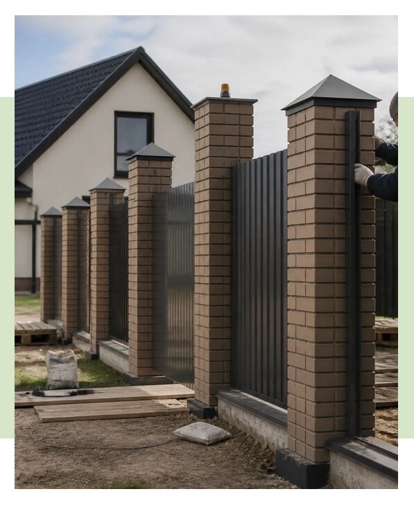 Забор с кирпичными столбами под ключ для участка в Осинниках